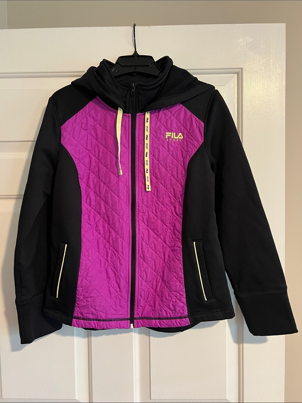 FILA Black & Magenta Quilted Zip Hoodie with Neon Yellow Accents